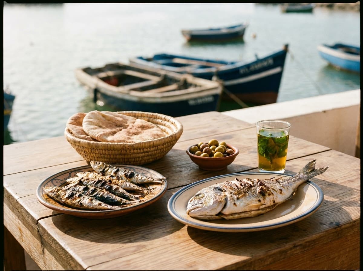 غداء سمك مشوي عند ميناء أصيلة