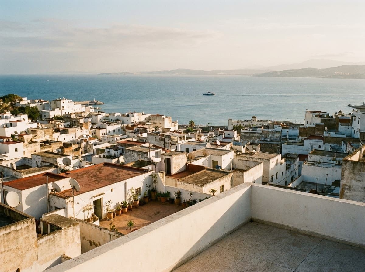 The white rooftops of the Tangier medina before the Strait of Gibraltar, at sunset