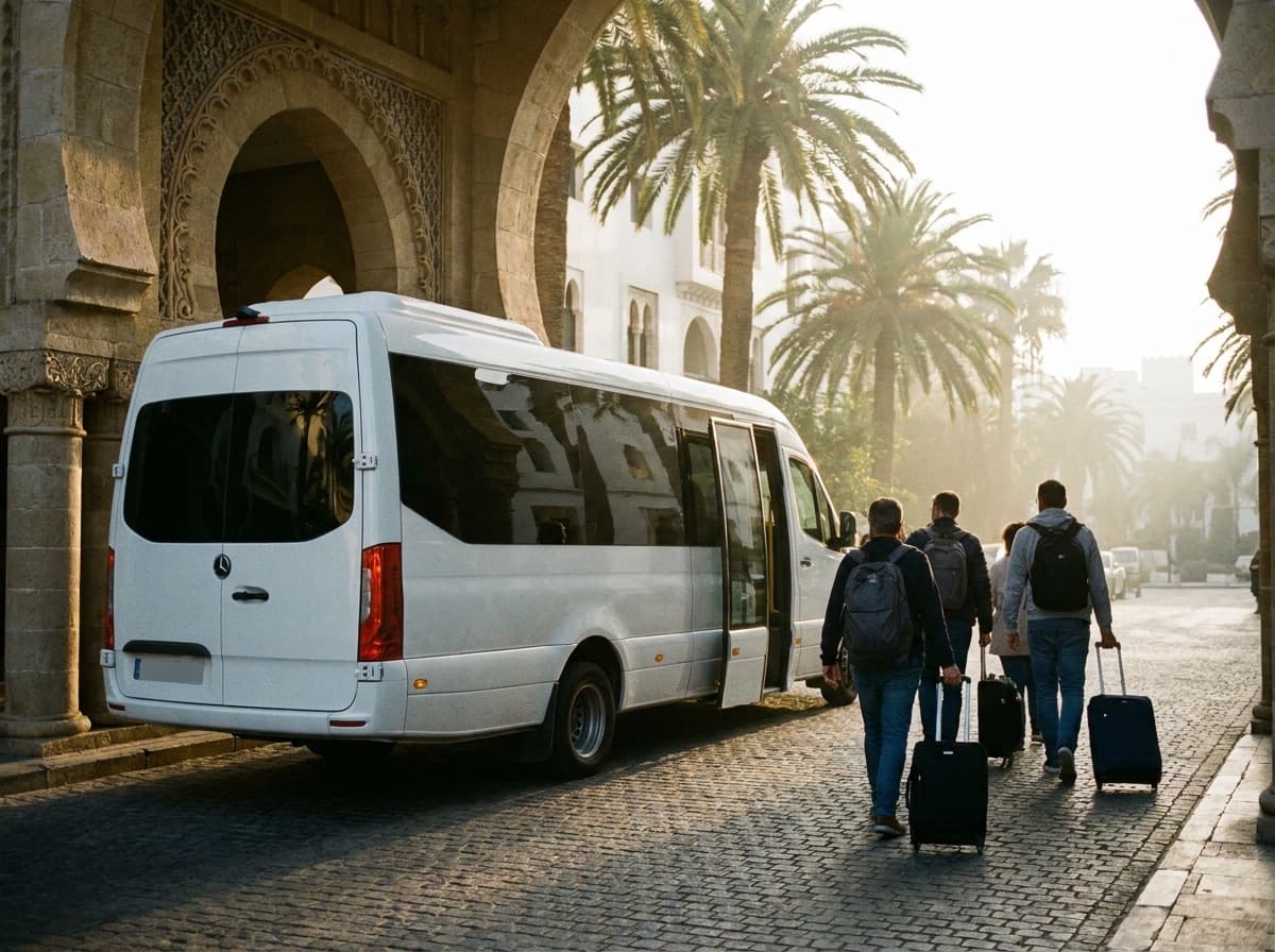 A white shuttle picks up travellers outside a Tangier hotel at dawn